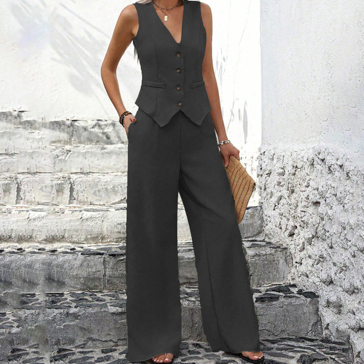 Damen Hosenanzug mit taillierter Weste und weiten Beinen WW