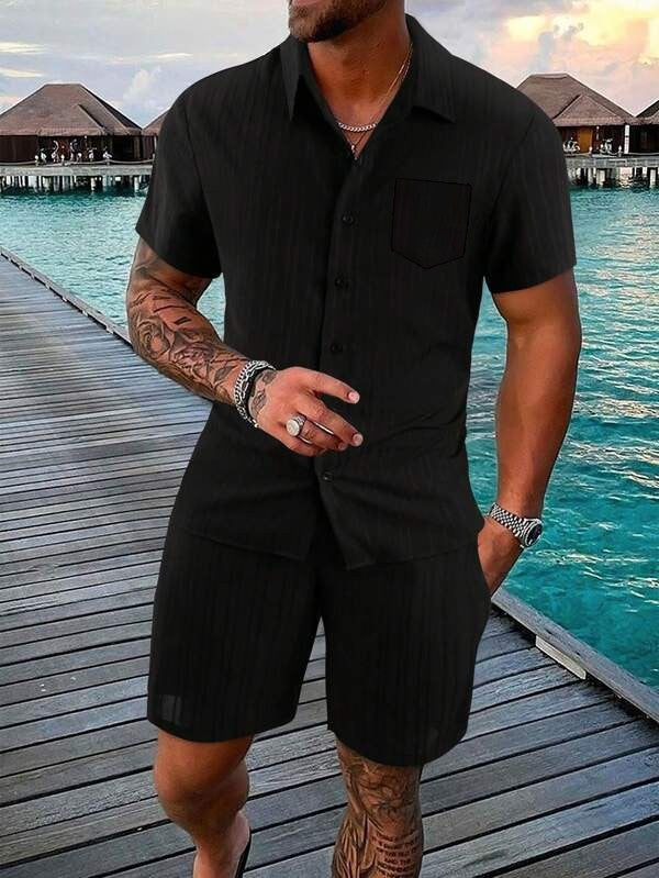 Herren Kurzarm Hemd und Shorts Set mit strukturiertem Design WW