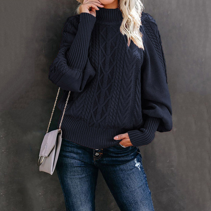 Damen Grober Strickpullover mit hohem Kragen und Ballonärmeln W&W Mode