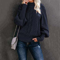 Damen Grober Strickpullover mit hohem Kragen und Ballonärmeln WW