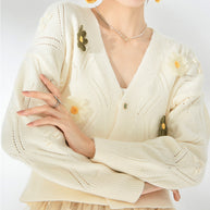Damen Strickjacke mit floralen Applikationen und strukturiertem Design WW