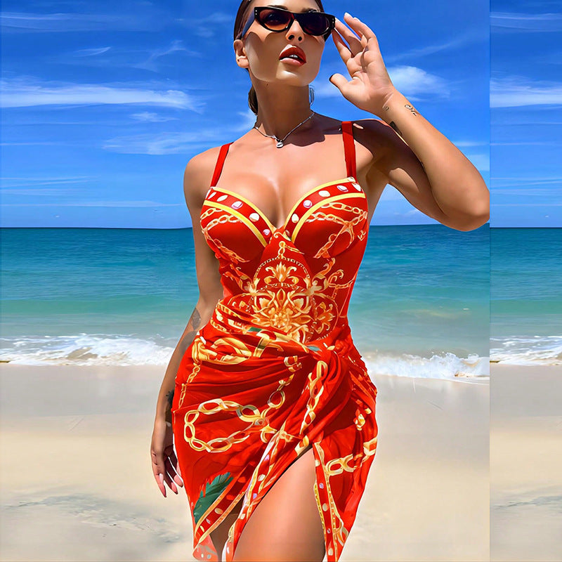 Damen Strandkleid mit elegantem Wickel-Design und auffälligem Muster WW