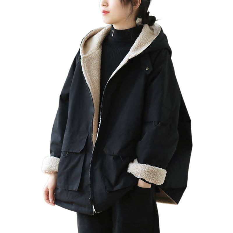 WW | Einfarbige Wendbare Jacke Mit Kapuze Und Reißverschluss