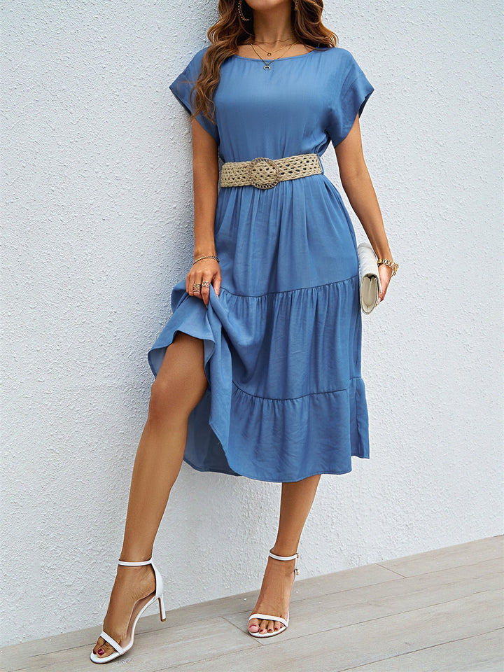 Damen lässiges Midi-Kleid mit elegantem Volant und taillierbarem Gürtel W&W Mode