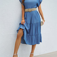 Damen lässiges Midi-Kleid mit elegantem Volant und taillierbarem Gürtel WW