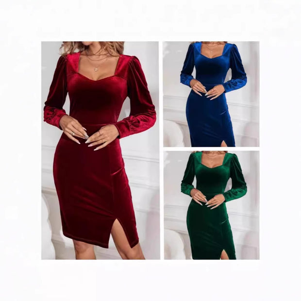 Damen Samt Kleid mit elegantem V-Ausschnitt und Puffärmeln WW