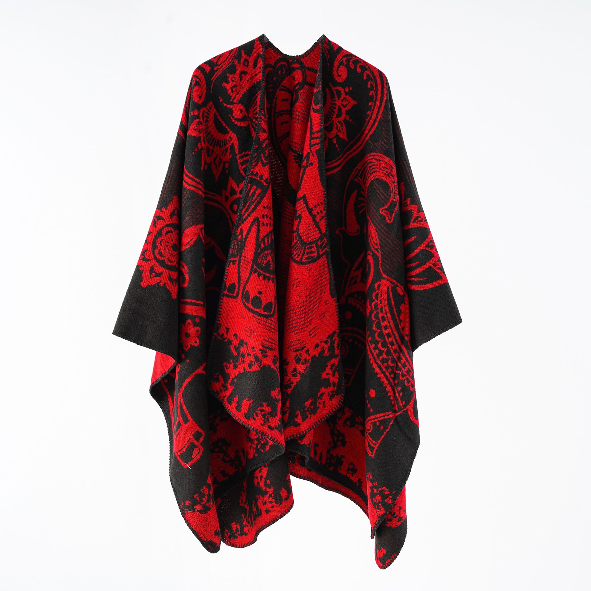 Damen eleganter Übergang-Poncho mit kunstvollem floralen Muster und fransigen Abschlüssen WW