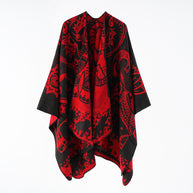 Damen eleganter Übergang-Poncho mit kunstvollem floralen Muster und fransigen Abschlüssen WW