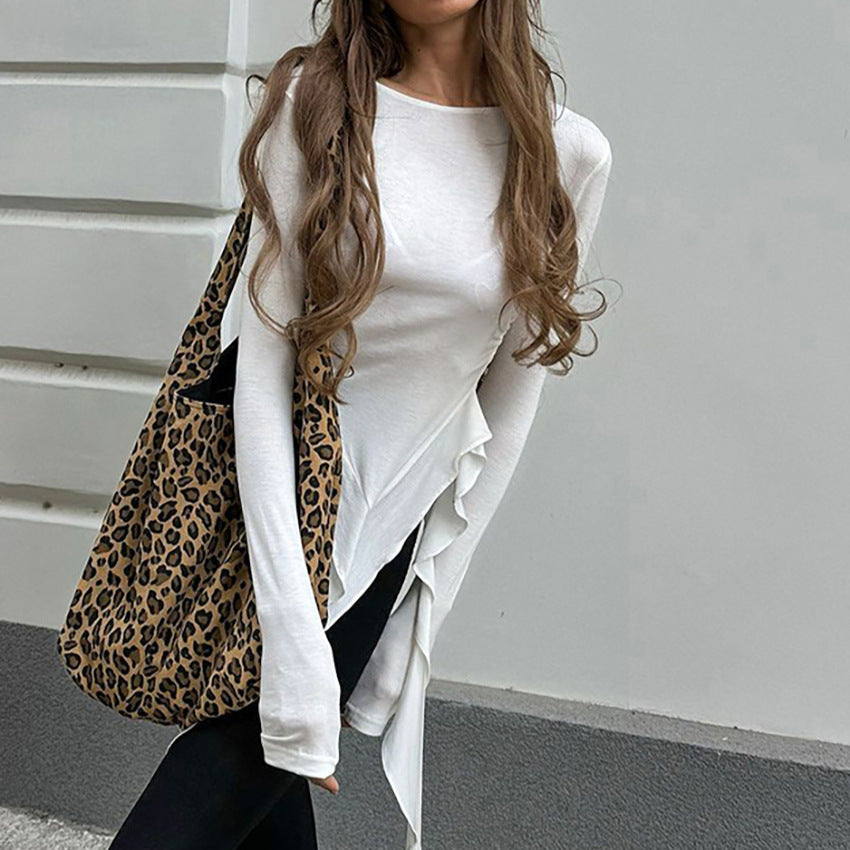 Damen asymmetrisches Langarmshirt mit Rüschendetails WW