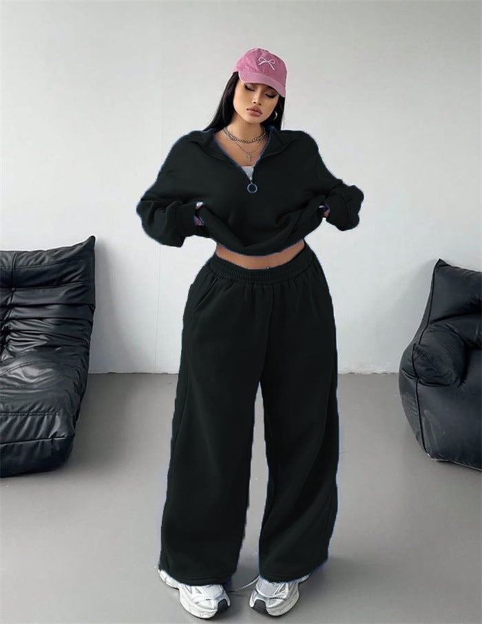 Damen Sportliches und lässiges Fleece-Set mit halbem Reißverschluss WW
