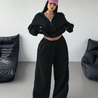 Damen Sportliches und lässiges Fleece-Set mit halbem Reißverschluss WW