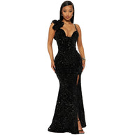 WW | Frauen Tragen Einfarbig Sexy Träger Paillett Maxi Kleid Schlitz Abendkleid