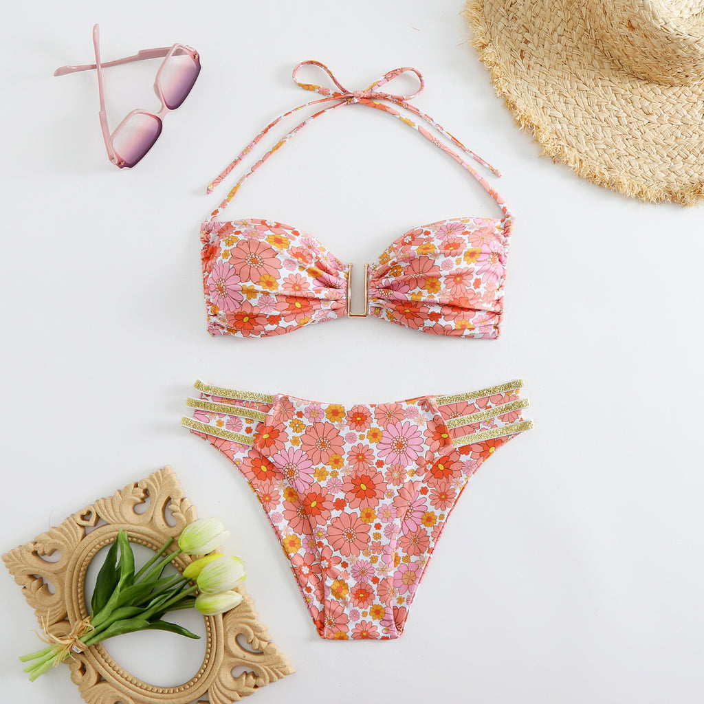Damen Bikini Set mit verspieltem Blumenmuster und goldenen Akzenten WW