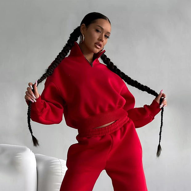 Damen sportliches Crop-Pullover-Set mit hohem Kragen und elastischem Bund WW