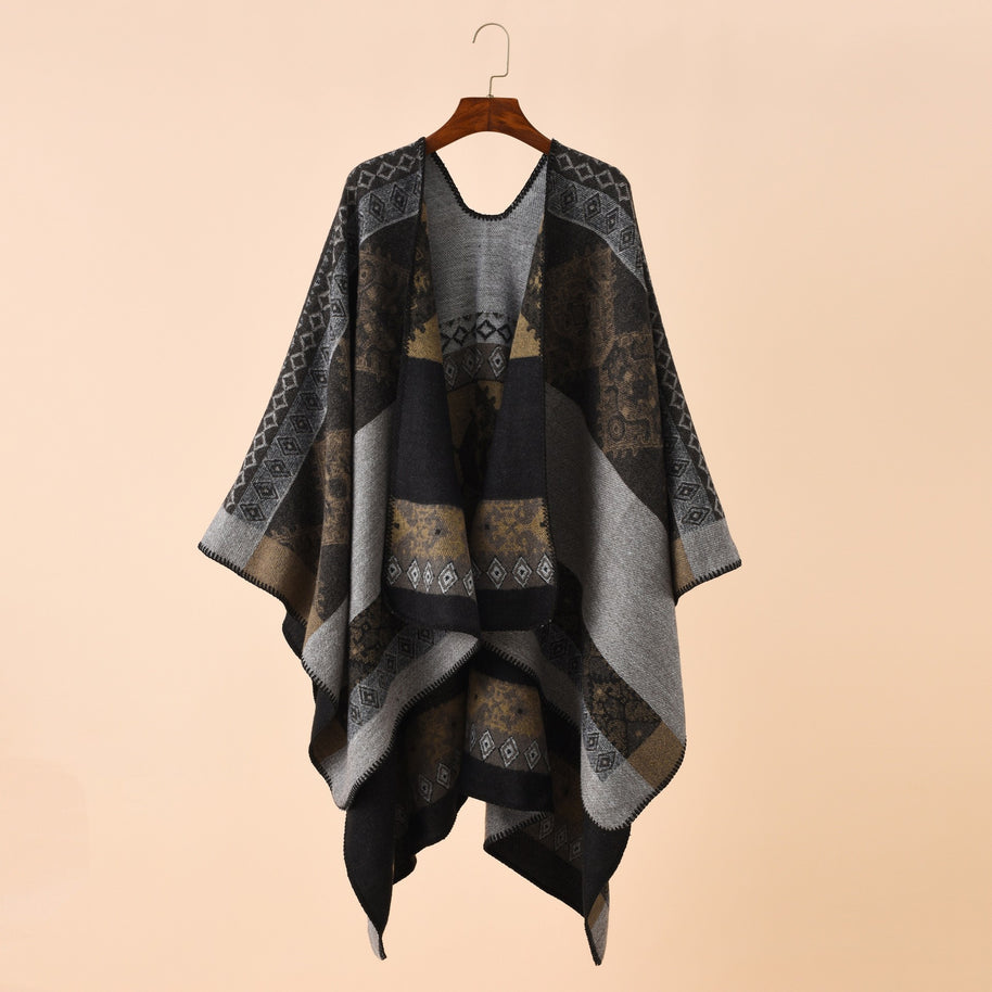 Damen Modischer Poncho mit kunstvollem Muster und fransigen Kanten WW