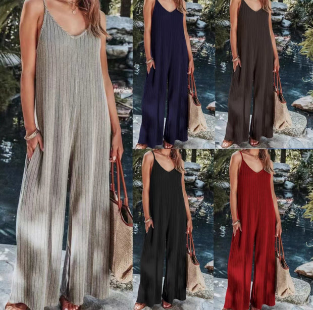 Damen Elegante Jumpsuit mit Streifenmuster und weit geschnittenen Beinen WW