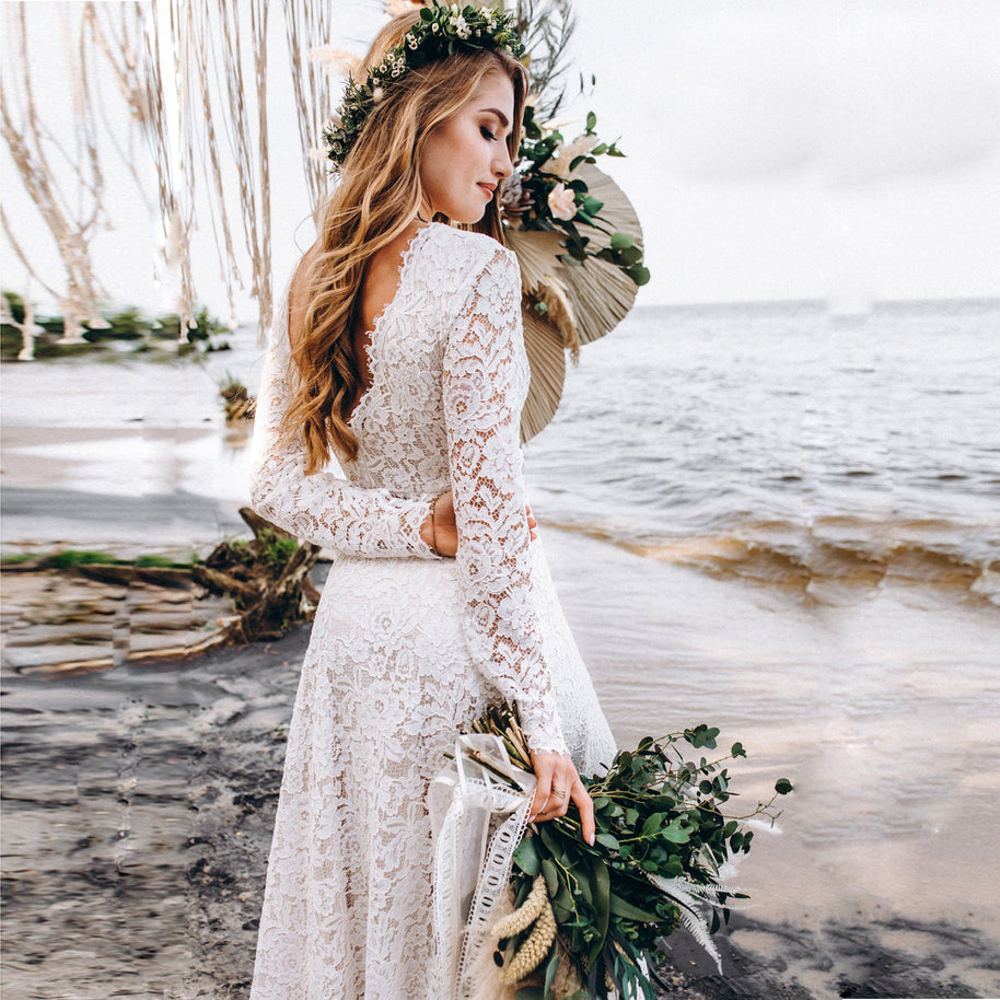 Damen Spitze Boho Hochzeitskleid WW