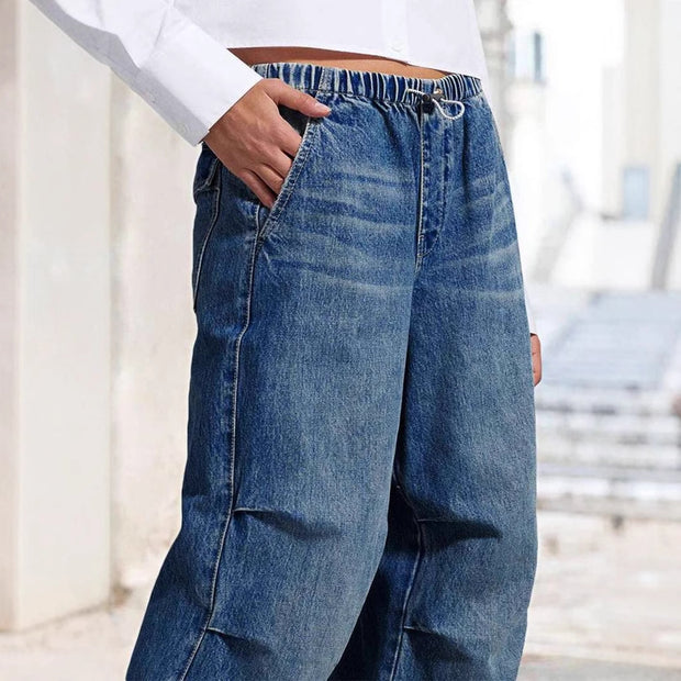 Damen weite High-Waist Denim-Hose mit elastischem Bund WW