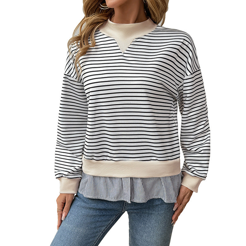 Damen gestreifter Sweatshirt mit Layering-Effekt und Rundhalsausschnitt W&W Mode