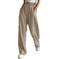 Damen weite gestreifte Stoffhose mit elastischem Bund und praktischen Taschen WW