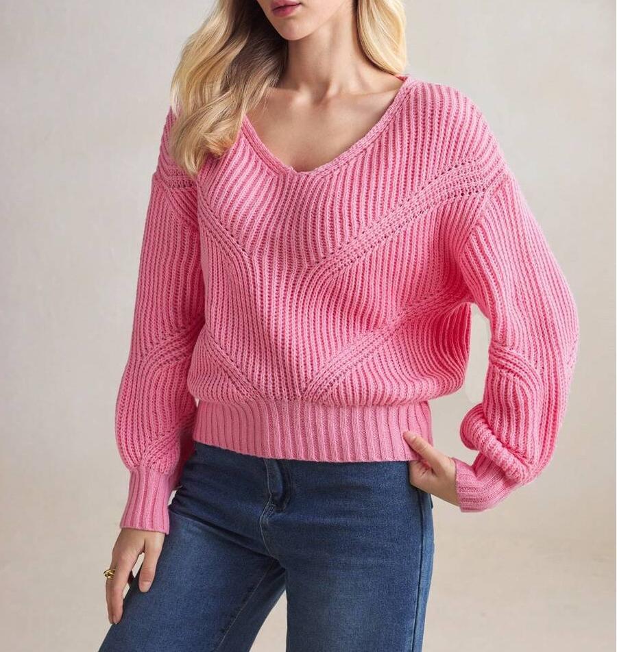 Damen Strickpullover mit V-Ausschnitt und strukturiertem Design WW