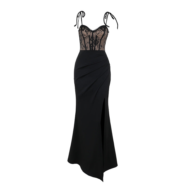 Damen Abendkleid mit Spitzenoberteil und elegantem Schlitz W&W Mode