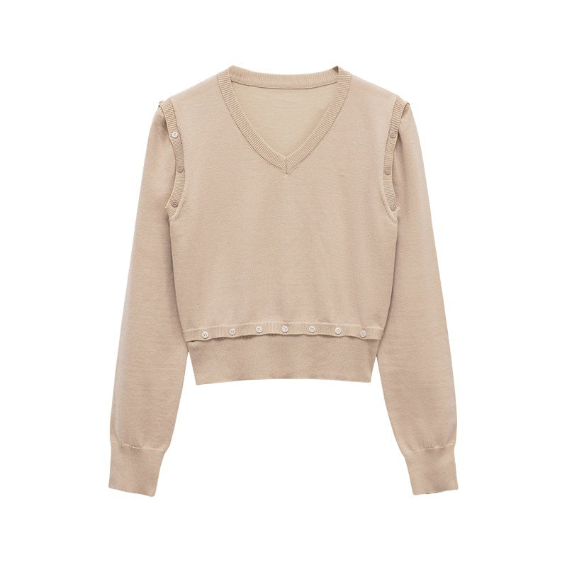 Damen Strickpullover mit V-Ausschnitt und dekorativen Knöpfen WW