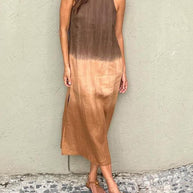 WW | Baumwolle Leinen Ärmelloses Schlitz Gradient Kleid
