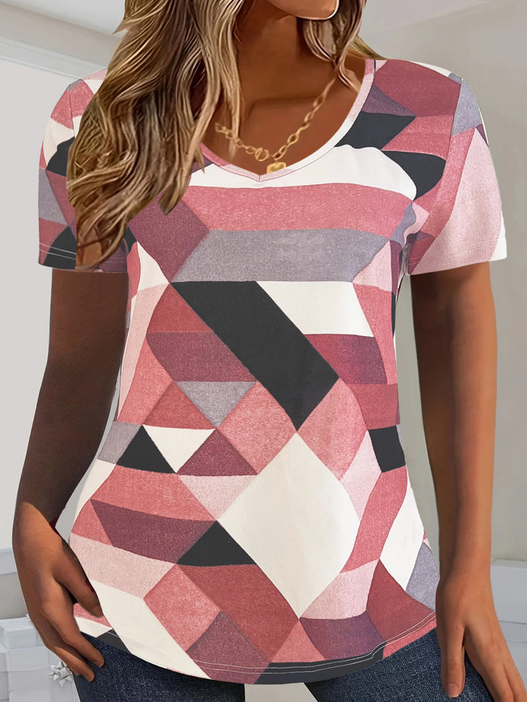 Damen V-Ausschnitt T-Shirt mit geometrischem Design und lässigem Schnitt WW