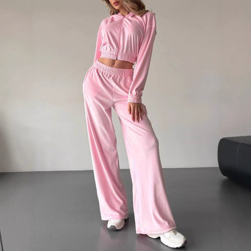 Damen Sportlicher Zweiteiler aus Samt mit Kapuze und weiten Hosen WW