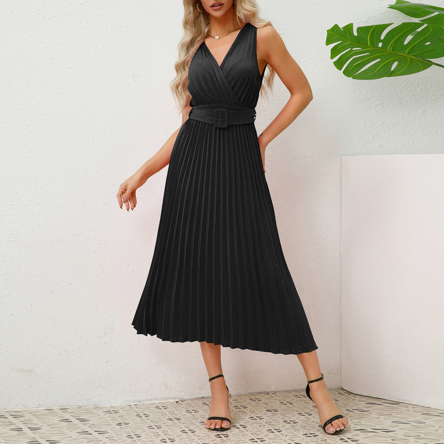 Damen Plissee Maxikleid mit taillierbarem Gürtel und elegantem V-Ausschnitt WW