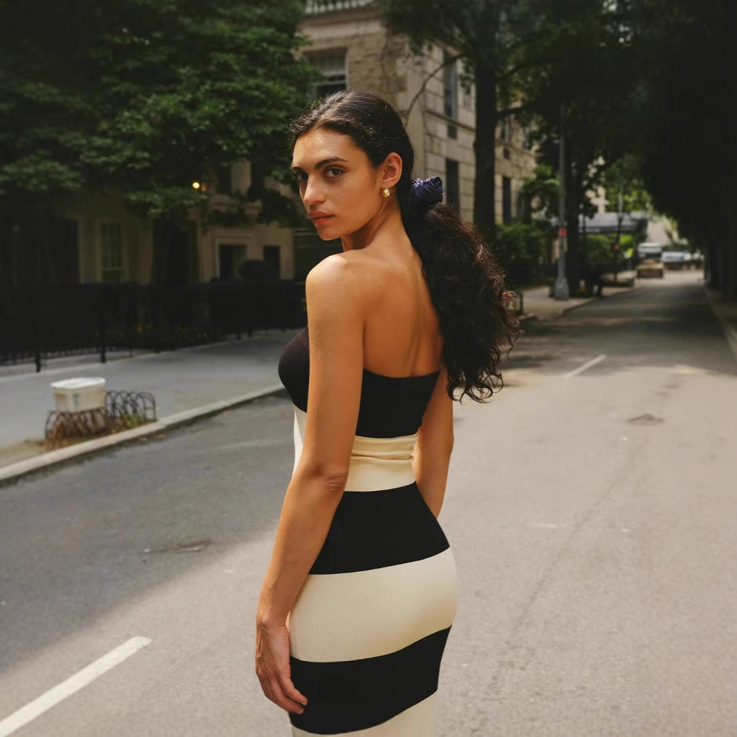 Damen schickes Bandeau-Maxikleid mit grafischem Streifenmuster und figurbetontem Schnitt WW