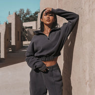 Damen sportliches Cropped-Fleece-Top mit halbem Reißverschluss WW