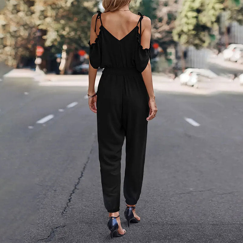 Damen Eleganter Overall mit rüschendetails und praktischem Gummizug W&W