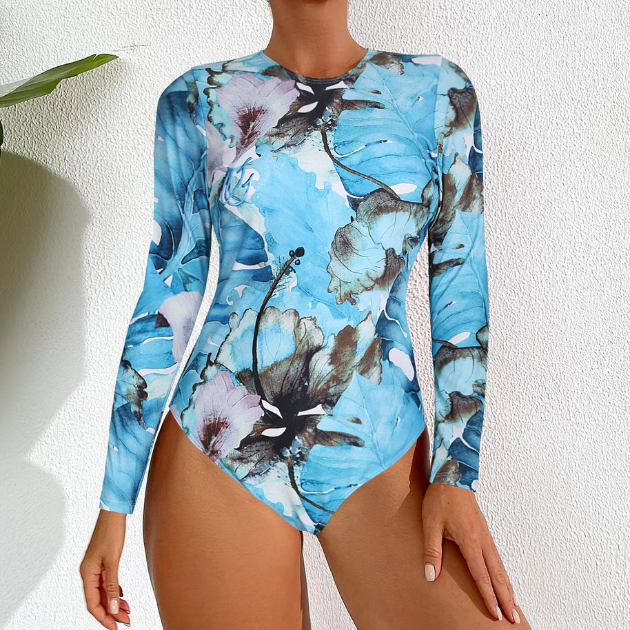 WW | Damen Langarm Badeanzug mit tropischem Blätterdesign und UV-Schutz