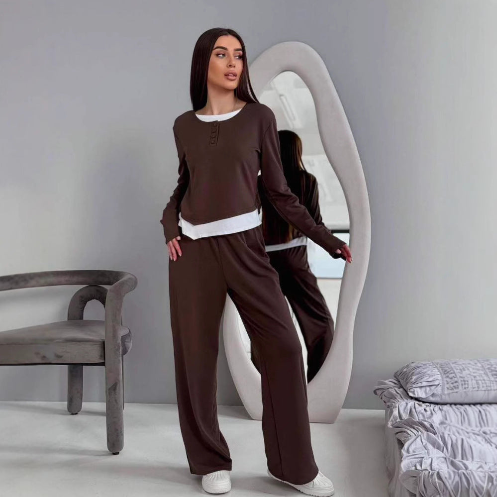 Damen bequeme Lounge-Hose und langärmliges Oberteil-Set WW