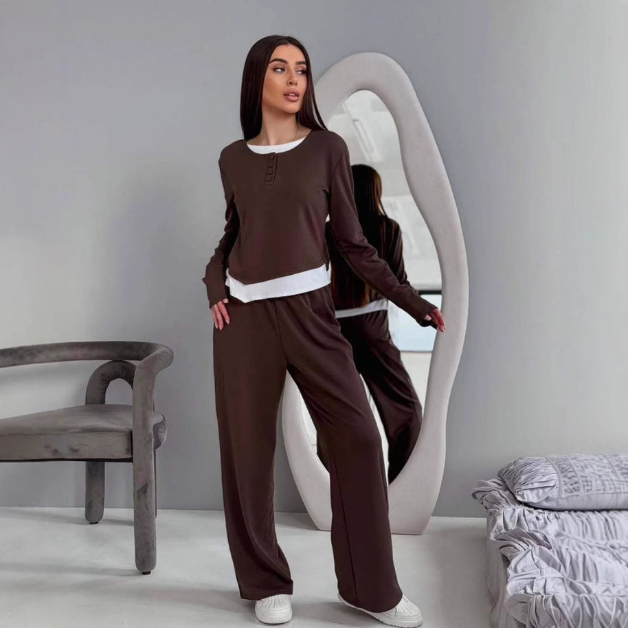 Damen bequeme Lounge-Hose und langärmliges Oberteil-Set WW
