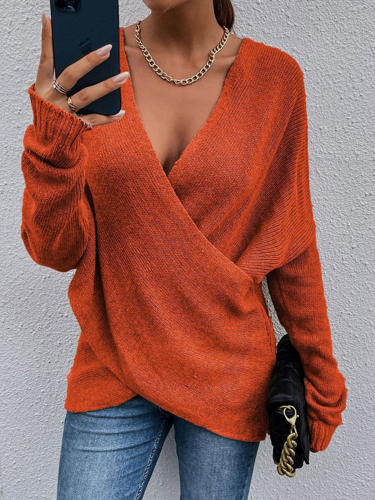 Damen Wickel-Pullover aus feinem Strick mit tiefem V-Ausschnitt und weiten Ärmeln WW