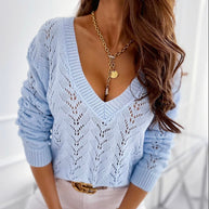 Damen Strickpullover mit V-Ausschnitt und kunstvollen Lochmustern WW