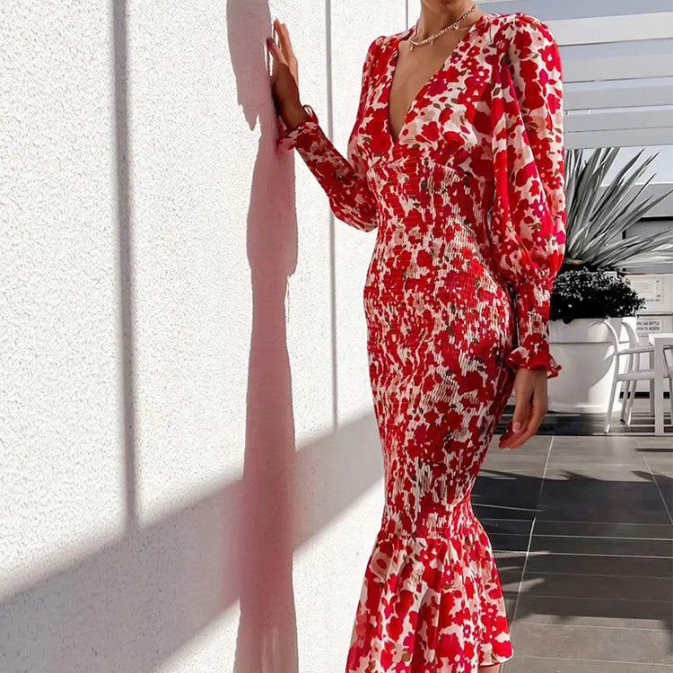 Damen Blütenmuster Kleid mit voluminösen Ärmeln WW