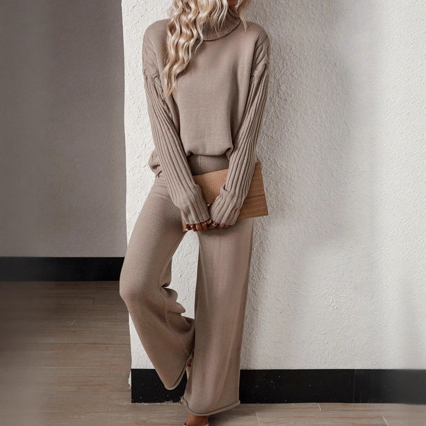 Damen Stilvolles Strickset mit hohem Kragen und weiter Hose WW