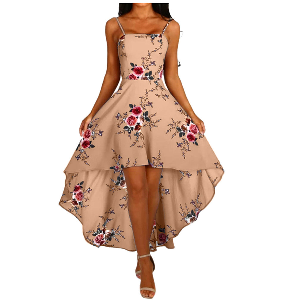 Damen asymmetrisches Blumenkleid mit dekorativen Spaghettiträgern und schwingendem Saum WW