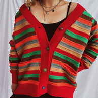 Damen Strickjacke mit buntem Streifenmuster und knöpfbarem Design WW