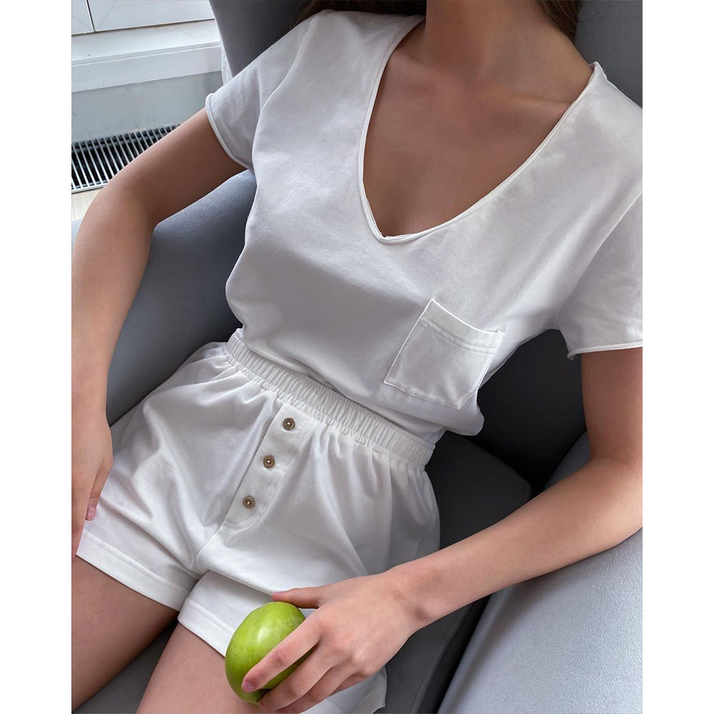 Damen Bequemes Loungewear-Set aus Baumwolle mit V-Ausschnitt WW