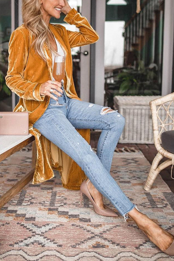 Damen Schicke lange Veloursjacke mit offenem Schnitt WW