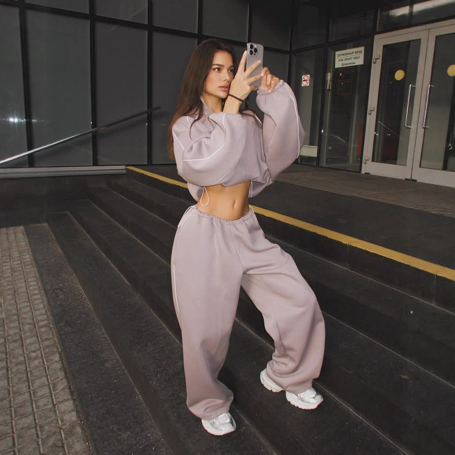 Damen sportliches Oversized Hoodie-Set mit hochschließendem Kragen und Gummizug WW