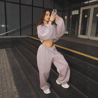 Damen sportliches Oversized Hoodie-Set mit hochschließendem Kragen und Gummizug WW