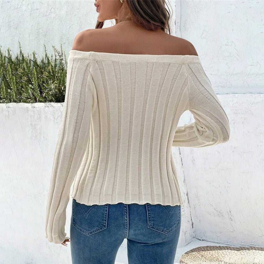 Damen Strickoberteil mit schulterfreiem Design und dekorativen Knöpfen WW
