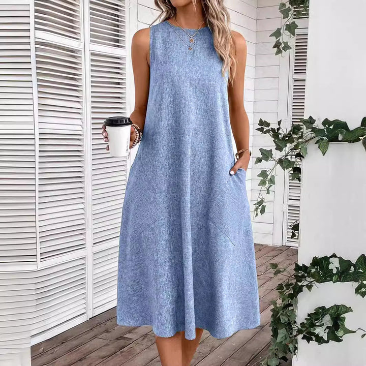 Damen lässiges Midi-Kleid mit tiefem Ausschnitt und praktischen Taschen W&W Mode