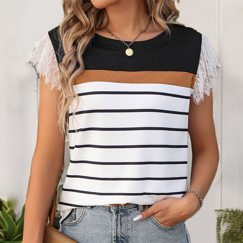 Damen T-Shirt mit elegantem Spitzenbesatz und gestreiftem Design WW